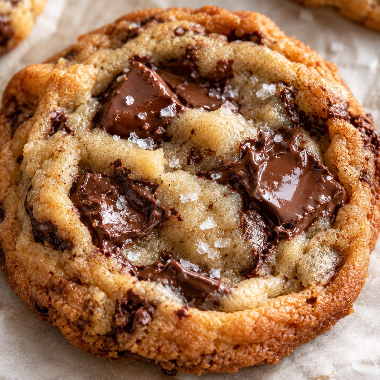 Close-up of a hot chocolate chip cookie