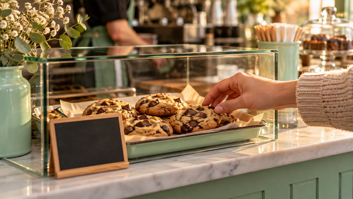 Café display case with hot cookies