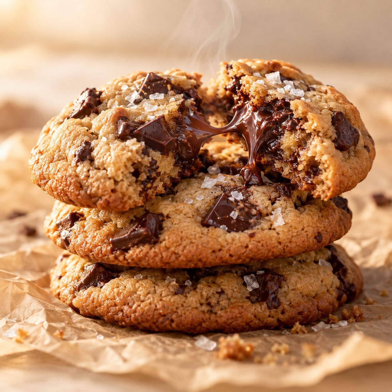 A stack of hot chocolate chip cookies, the top one broken open with melted chocolate