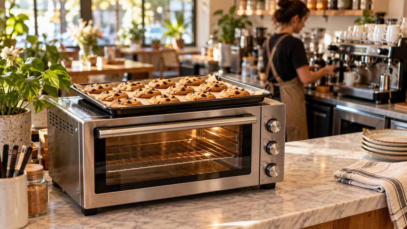 Countertop oven with a fresh tray in a café
